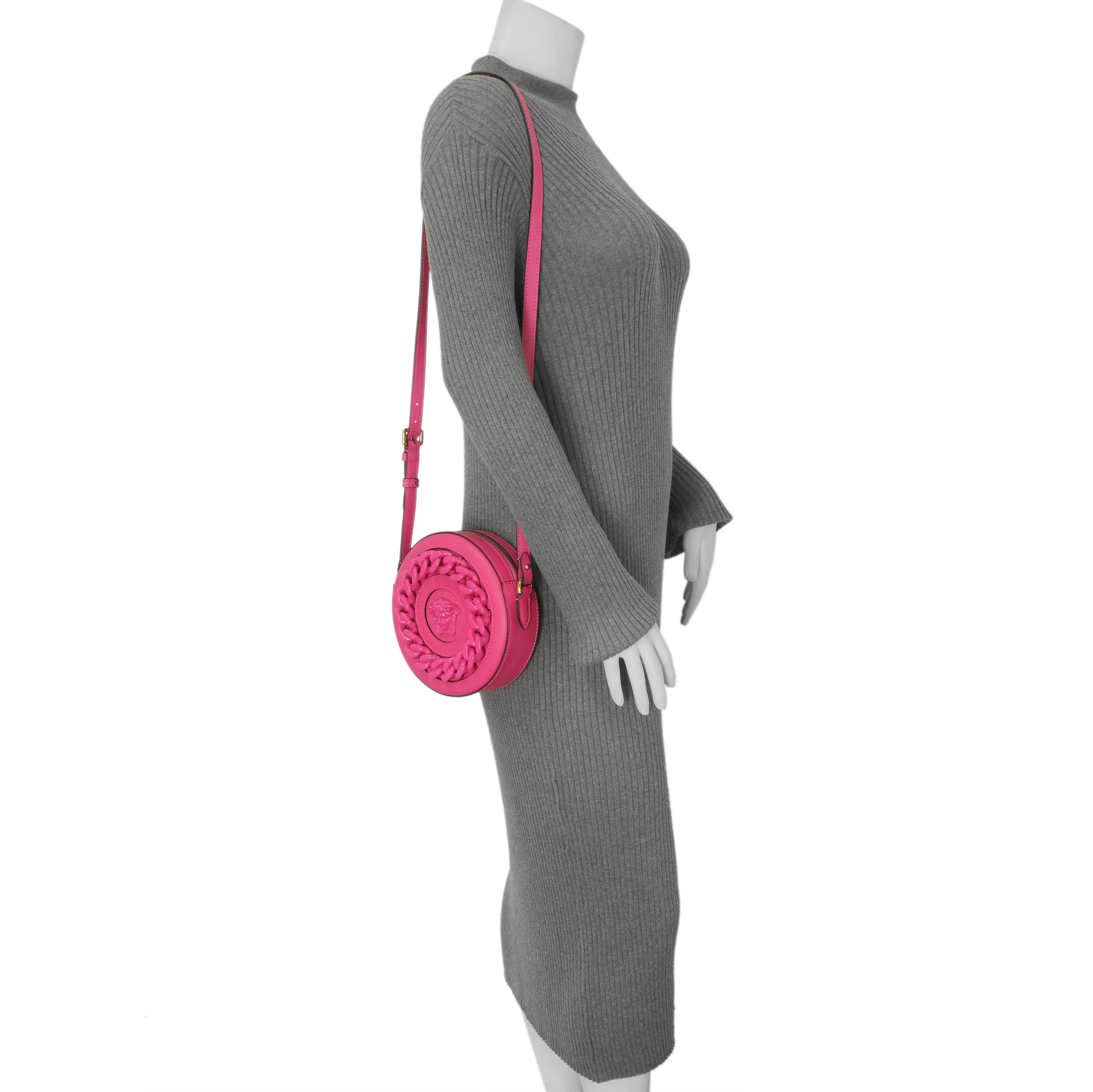 Versace Fuchsia Calfskin La Medusa Mini Round Disco Chain Crossbody Bag - Image 8