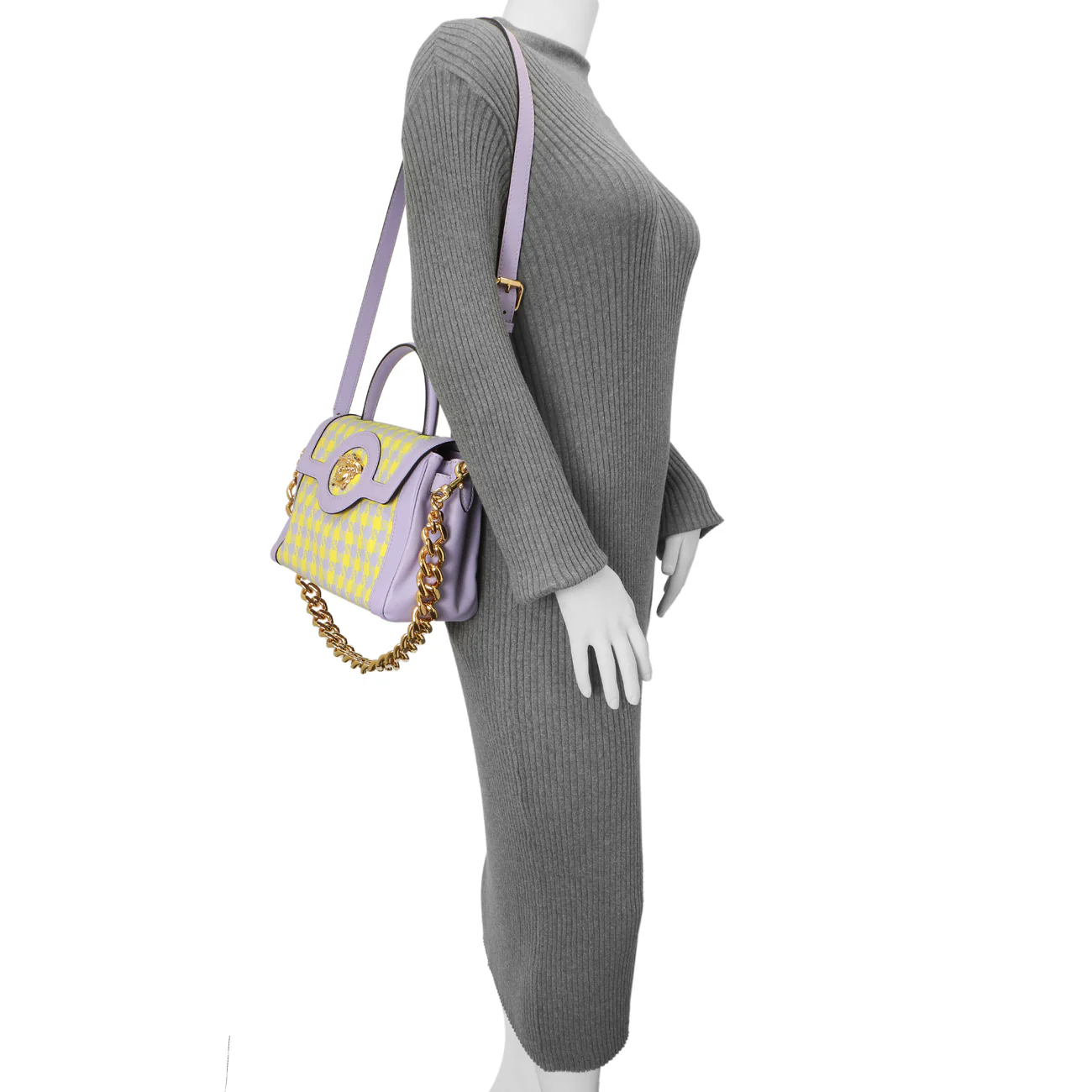 Versace Lilac Yellow Calfskin Canvas Houndstooth Medium La Medusa Top Handle Bag - Image 12