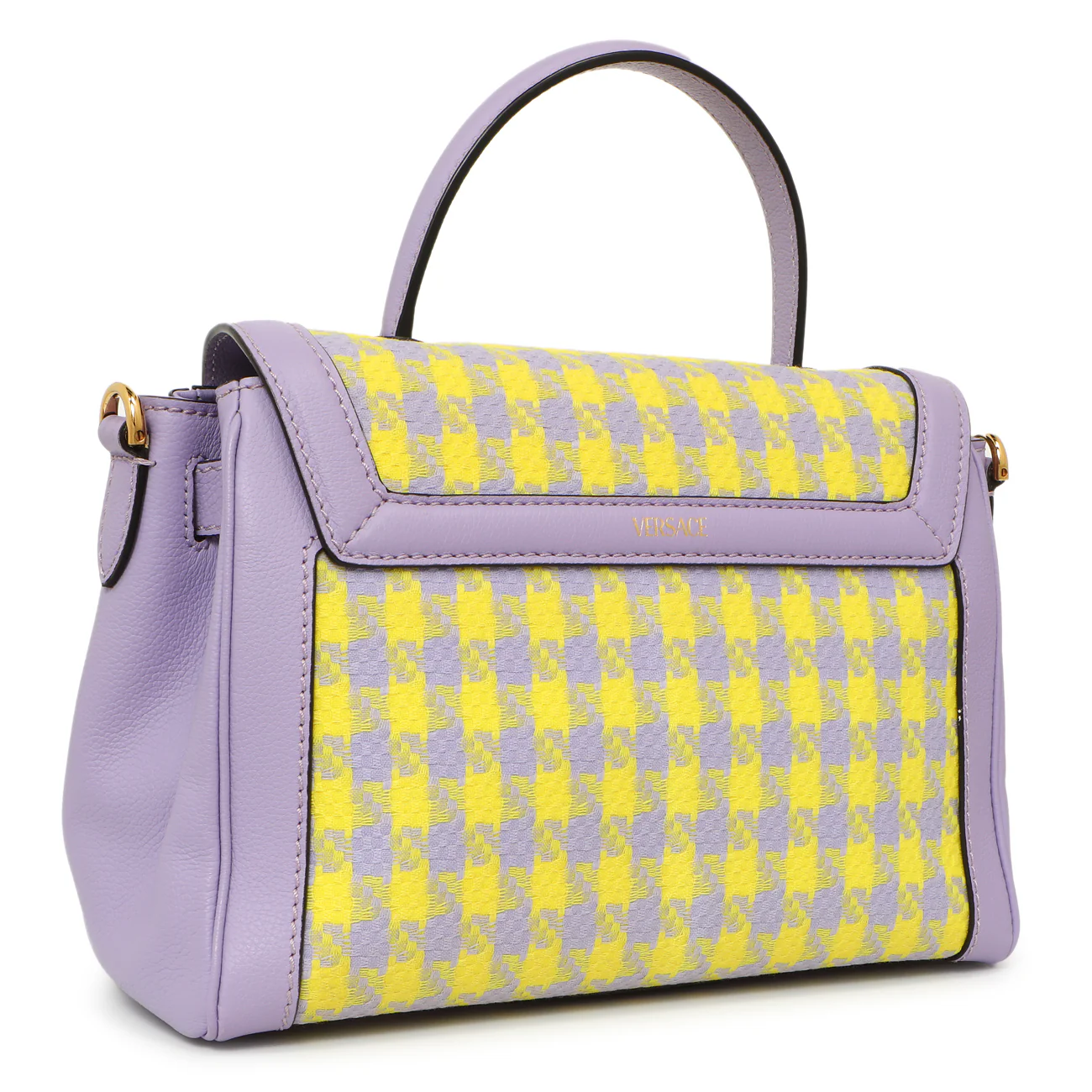 Versace Lilac Yellow Calfskin Canvas Houndstooth Medium La Medusa Top Handle Bag - Image 2