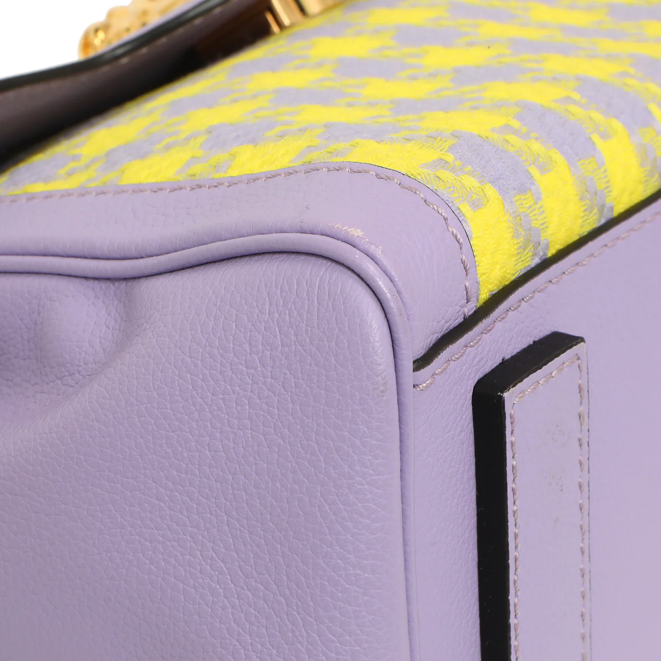 Versace Lilac Yellow Calfskin Canvas Houndstooth Medium La Medusa Top Handle Bag - Image 4