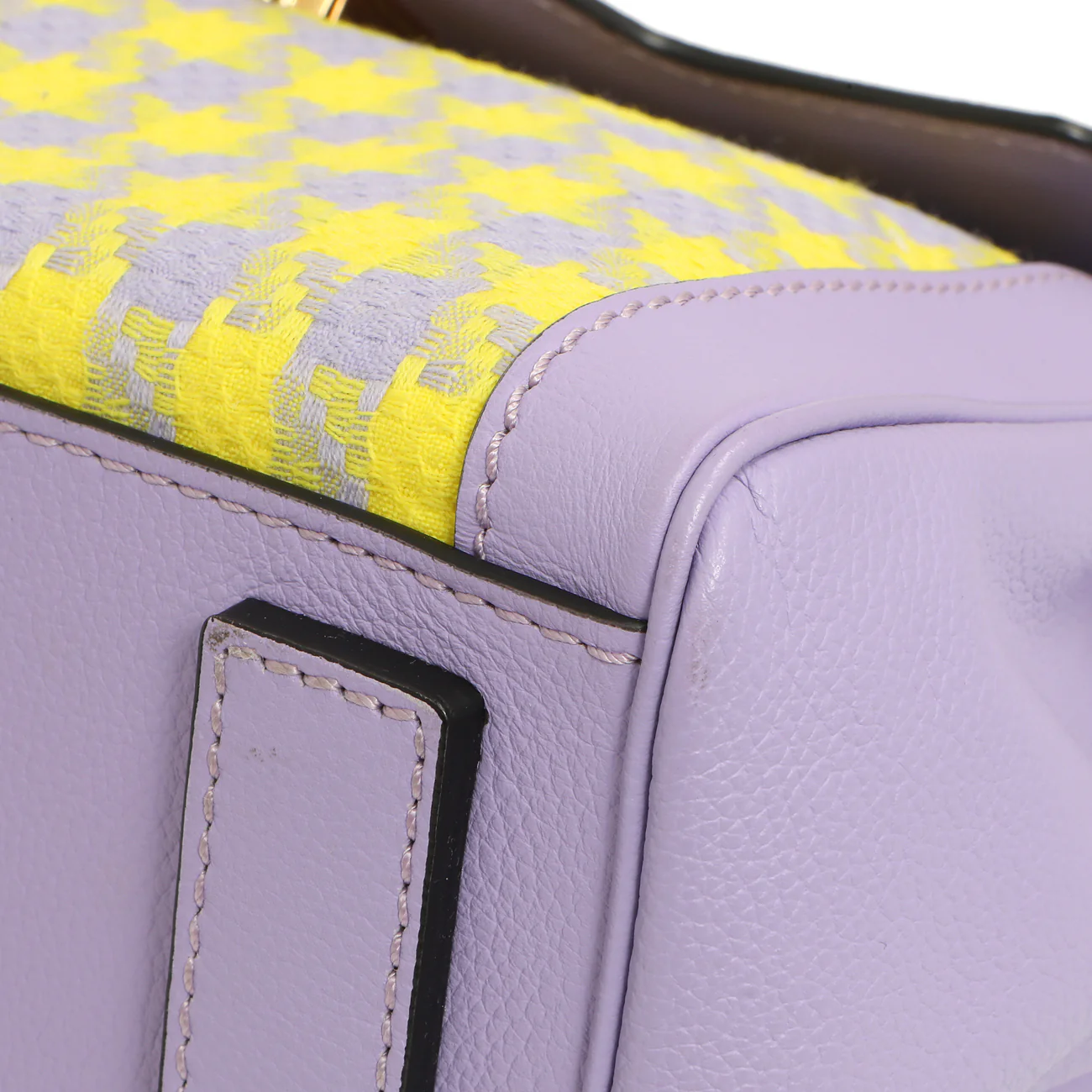 Versace Lilac Yellow Calfskin Canvas Houndstooth Medium La Medusa Top Handle Bag - Image 5